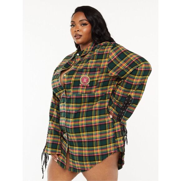 Savage x Fenty TIED UP TARTAN PJ RAW HEM SLEEP SHIRT size 3X PINK CANTERBURY PLA - Picture 1 of 11